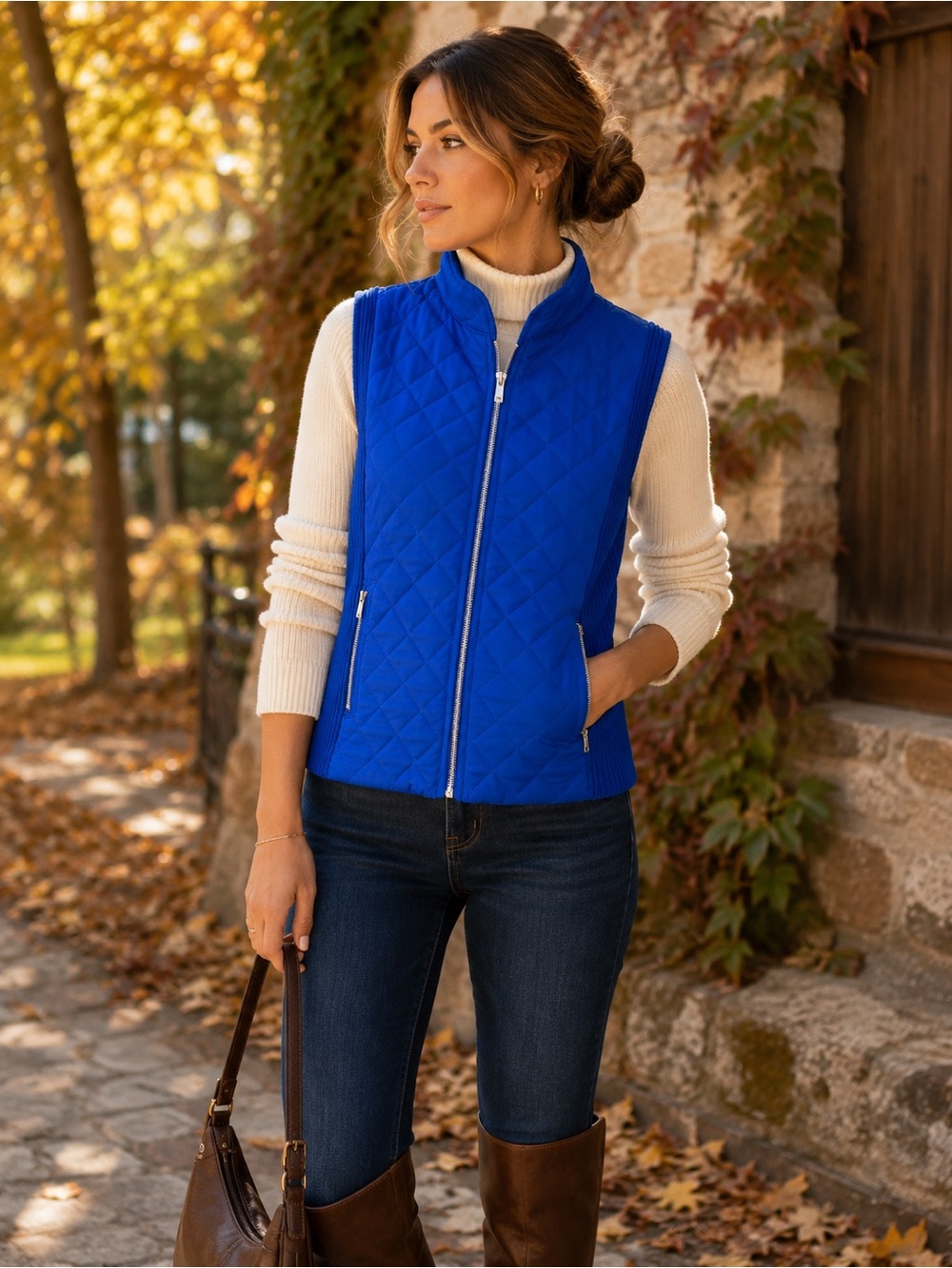 Jones New York Signature Petite Quilted Cotton Knit Vest PS Cobalt Blue